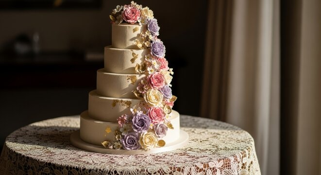 Tiered wedding cake with sugar flowers on lace tablecloth