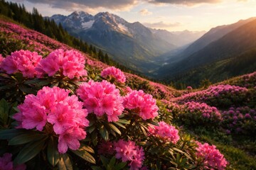 Obraz premium Vibrant pink rhododendron flowers blossoming on lush summer mountain