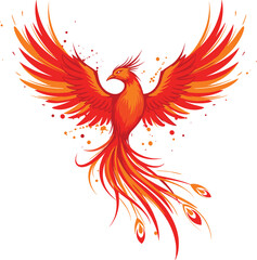 Fototapeta premium Majestic red phoenix bird vector illustration with spreading wings and paint splashes isolated on white background for mythological logo design
