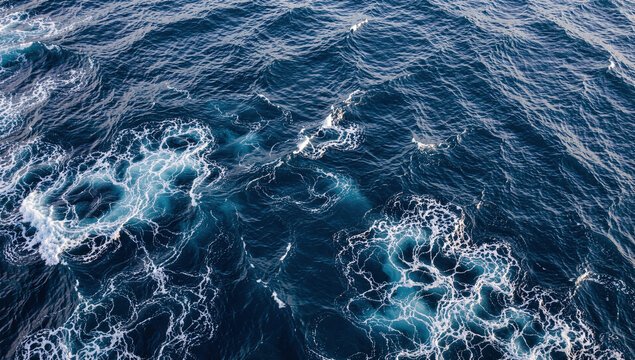 Deep blue ocean waves churn with white foam. Ripples swirl in vibrant turquoise and navy hues. Ocean surface captures movement and energy. Perfect for nautical, travel, or marine-themed projects
