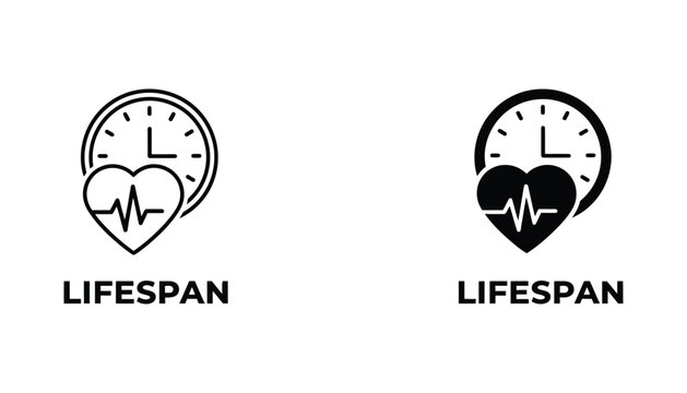 Heart shape with vital pulse line and clock face overlay representing human lifespan and medical longevity concept vector icon