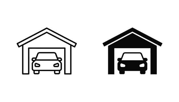 Car inside garage simple icon design in black and white styles for automotive maintenance and parking facility signage