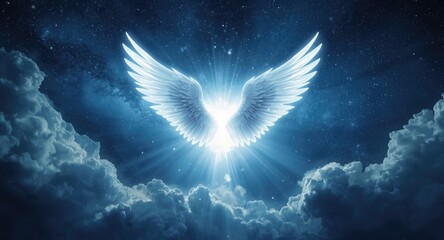 Spiritual cosmic vista with brilliant white wings of an angel soaring