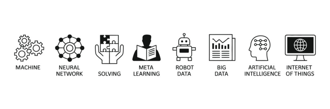 Artificial intelligence and machine learning technology line art icons