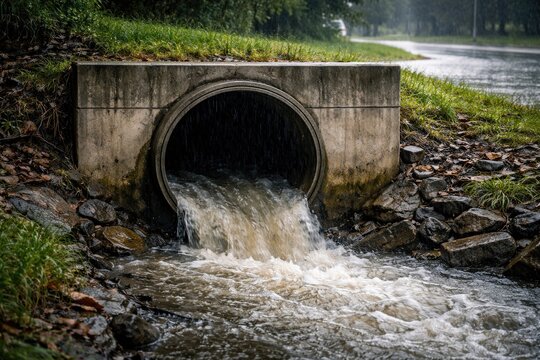 Street rainwater culvert featuring concrete headwall with horizontal drainage pipe
