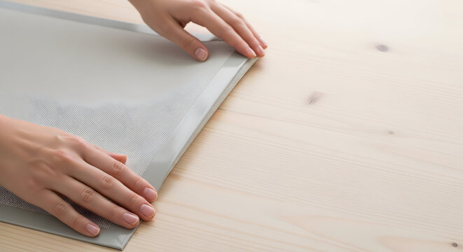 A person applying a stencil or template to a surface with their hands