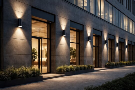 Office facade showcasing architectural wall mounted downlights for outdoor lighting design
