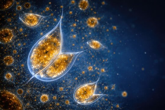 Microscopic image of glowing marine plankton Pyrocystis noctiluca at 400x with iodine stain and copy space