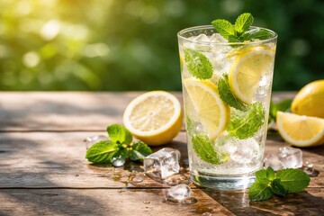 Fototapeta premium Healthy lemon mint beverage served cold with ice cubes and copy space for text
