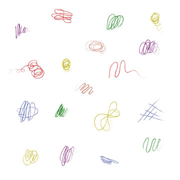 Set of colorful hand drawn scribble lines in doodle style. Abstract sketch elements with crayon texture and rough strokes, isolated on transparent background. Perfect for design, decoration, backgroun