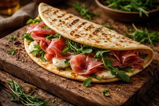 Delicious grilled piadina loaded with ham and fresh herbs displayed on a natural wood board in a rustic setting