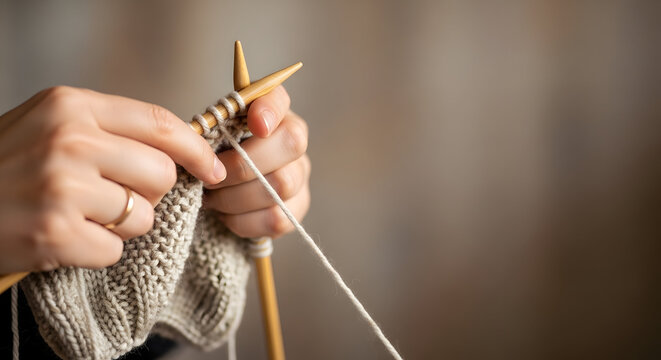 Close up of hands knitting a beige sweater with wooden needles and yarn