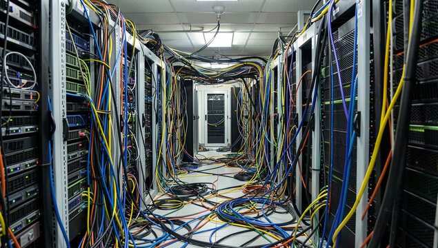Tangled cables fill server room corridor. Racks line both sides of the path. Wires sprawl across floor and ceiling. Lighting illuminates chaotic setup. Equipment stands behind tangled mess