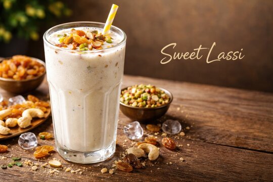 Homemade sweet lassi drink blended with dried fruit and copy space for text