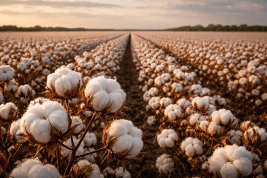 Harvest ready cotton plants showing ripe bolls in foreground with extensive field rows fading into distance