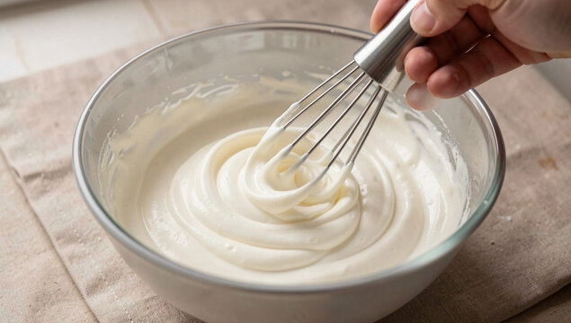 Hand whisks creamy dessert in glass bowl. Whisk spins through thick, smooth mixture. Bowl rests on textured beige cloth. Soft focus highlights mixing motion. Clean, bright lighting enhances texture