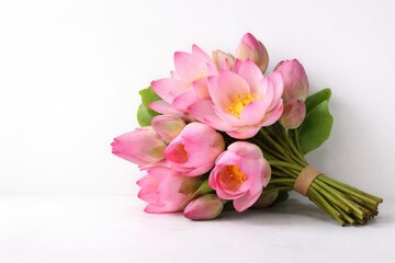 Obraz premium Fresh pink lotus bouquet resting on a smooth white panel background with clear copy space
