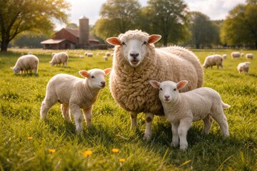 Naklejka premium Joyful wool producing sheep and lambs roaming a sunny farm field