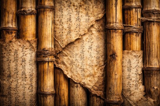 Antique bamboo background featuring old script and weathered paper texture