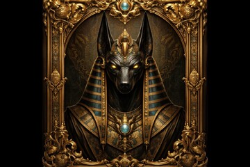 Fototapeta premium Elegant gilded frame surrounding the deity Anubis head artwork