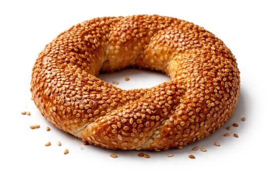 Fresh Kandil simidi Turkish bagel sprinkled with sesame seeds isolated on white
