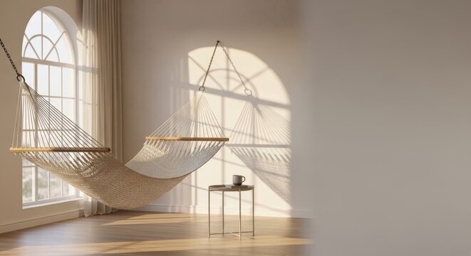 White Hammock in Airy Room with Arched Window Light
