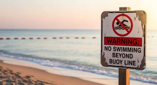 No Swimming Sign on Beach at Sunrise with Buoy Line