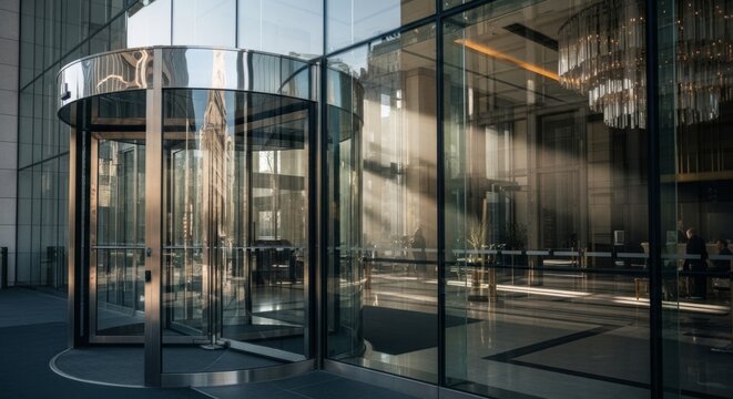 Modern Revolving Glass Door Entrance, Office Building, Sunrise Light