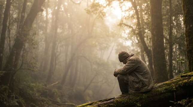 Lonely man sitting on a fallen tree trunk in a misty and foggy deep forest