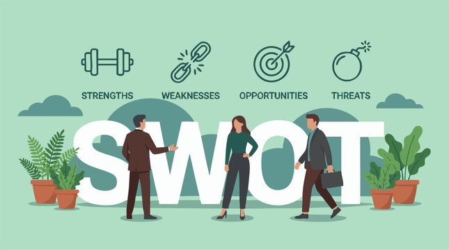 SWOT Analysis Diagram with Business Professionals and Strategic Icons