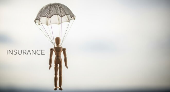 Wooden Mannequin with Parachute, Insurance Concept