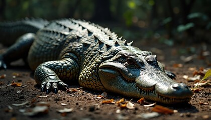 Obraz premium Siam crocodile rests on forest floor. Large reptile displays scaly skin and powerful jaws. Known for its threatened status, this creature inhabits tropical waters.