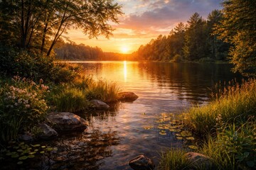 Obraz premium Peaceful sunset over lush vegetation along a tranquil lakeshore