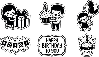 Fototapeta premium Black and white birthday happy birthday to you lettering and kids with cupcakes gifts and balloons