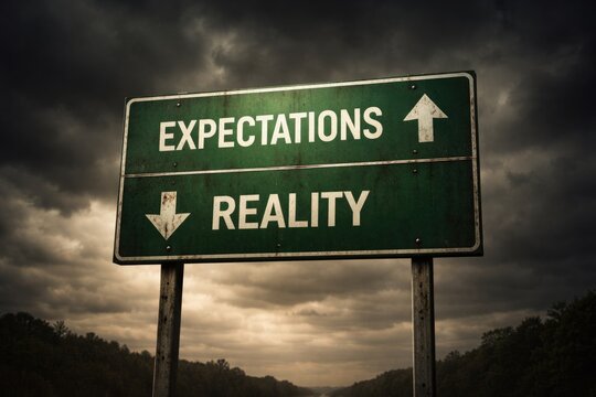 Isolated green traffic sign depicting contrast between expectations and reality under a negative perspective