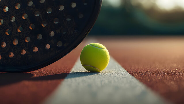 Tennis Ball and Racket on Court Line, Close-up, Sport Concept