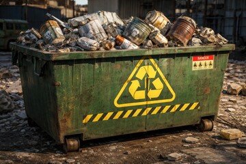 Fototapeta premium Green trash container marked with yellow recycling symbol storing dangerous building waste