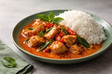 Fototapeta premium Delicious Thai red curry chicken alongside steamed rice on a green dish with soft grey background and copy space