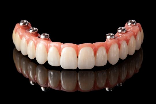 Fixed full arch dental prostheses mounted on implants shown on black background