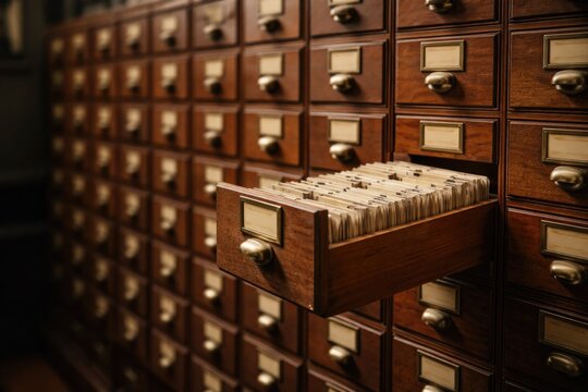 Retro library card index with opened drawers and ample copy space