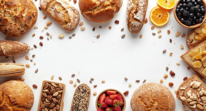 Variety of staple breads incorporating nuts and dried fruits on a stark white backdrop