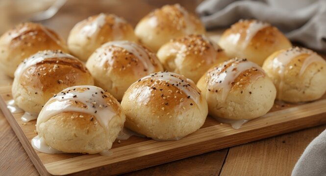 Soft wholemeal peasant rolls lightly glazed and arranged on a natural wood table for a homely culinary mood