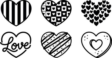 Fototapeta premium Black and white love hearts set with stripes patterns and handwritten lettering vector art
