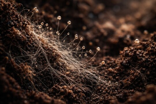Closeup microscopic observation of soil fungi hyphae in compost sample with copy space