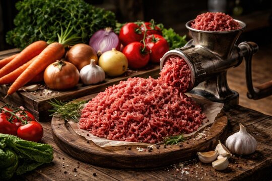 Fresh minced meat and assorted vegetables on rustic wooden table with vintage meat grinder