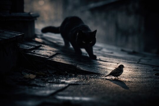 A shadowy cat stalking a small bird on a dimly lit rooftop scene