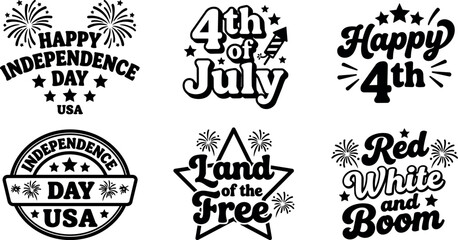 Fototapeta premium Black and white independence day lettering with fireworks and stars vector art