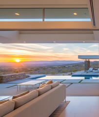 Fototapeta premium Luxury modern home with infinity pool overlooking a desert sunset and mountain vista