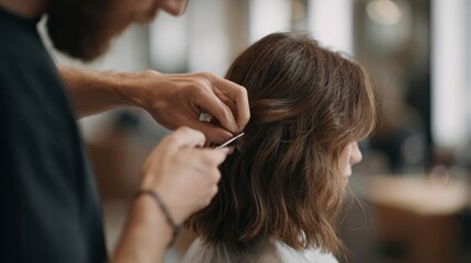 Naklejka premium Hairdresser cutting the hair of a young woman in a salon.