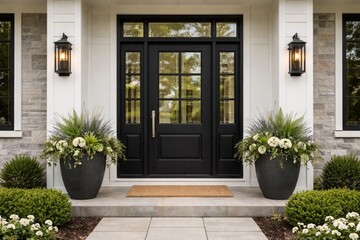 Fototapeta premium Family home entry showcasing black wood door with glass and decorative planters